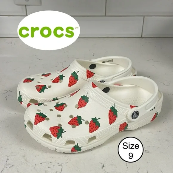 CROCS CLASSIC VACAY VIBES CLOG -White Clog Strawberry Print Women’s Size
